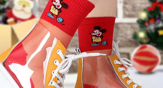 Spring Summer Socks Mickey Minnie Creative Design Thin Stripe Transparent Glass Silk Socks Fashion Funny Socks For Women