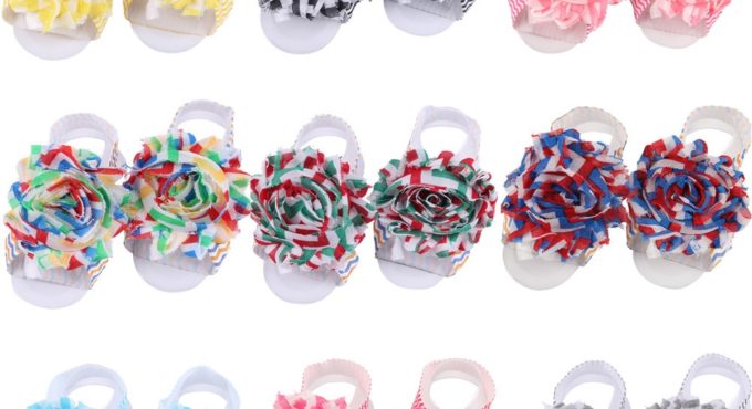 Baby Girls Fashion Handmade Chiffon Flowers Barefoot Sandals Shabby Striped Floral Infant Shose Birthday Gifts Photography Props