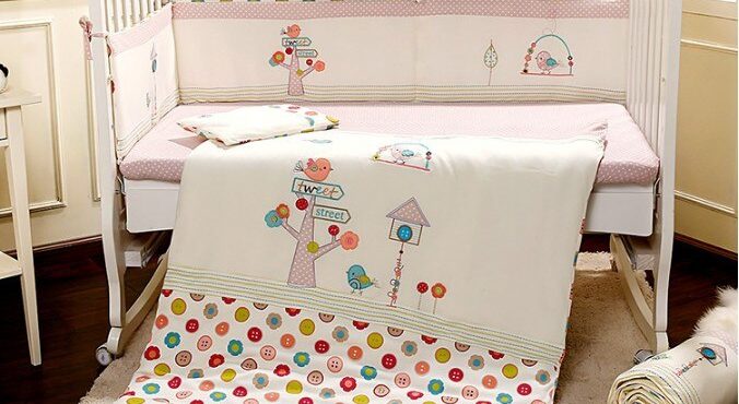 Promotion! 7PCS embroidery Cot Baby Bedding Set Newborn Infant Cotton Crib Bedding Cartoon,include(2bumper+duvet+sheet+pillow)
