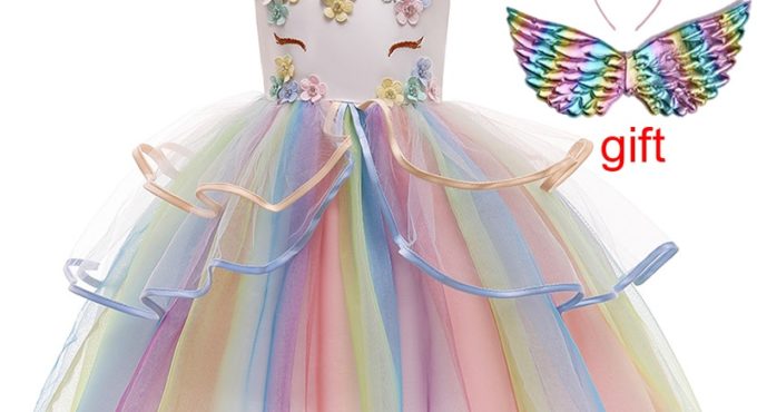 Kids Dress For Girls Children Birthday Party Dress Suits Unicorn Rainbow Dresses Flower Girls Wedding Dress Sets Vestidos 3-12Y