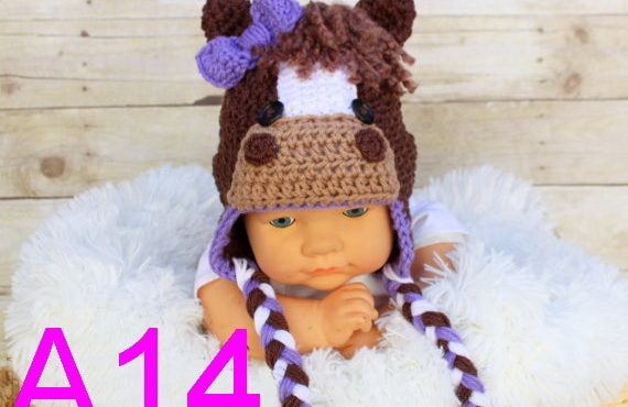 30pcs/lot newborn Animal hat ,children crochet Cartoon Brown horse hat with Purple bowknot . baby hat Beanie Photo props