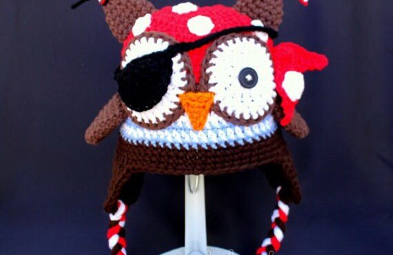 free shipping, 10pcs baby hat Beanie, children's handmade crochet Cartoon Pirate owl hat with eye patch, newborn hat Photo props