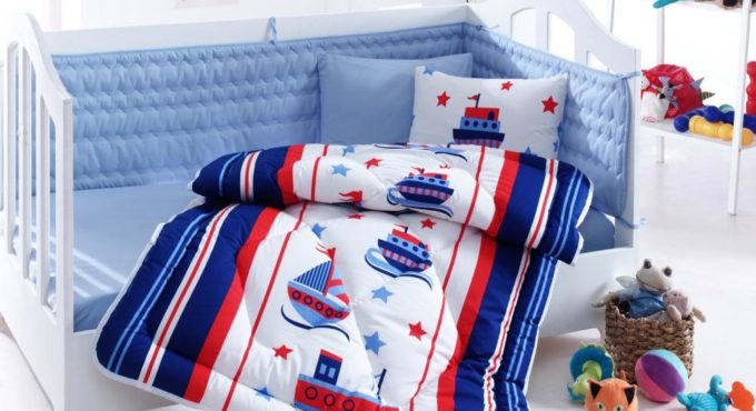 Baby Crib Bedding Set Bumper For Boy Nursery Cartoon Baby Cot Cotton Soft Antiallergic Blue Made in Turkey SAILOR Infant