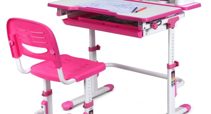 Children's Desk Chair Set Height Adjustable Working Table w/shelf Drawer Pink