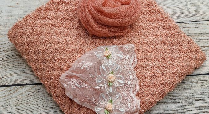 Clearance A Set 150*100cm Thin Fabric Backdrop Blanket+60*40cm Mohair Knit wrap+Handcraft Lace Hat for Newborn Baby Shooting