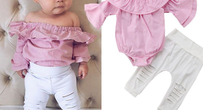 2PCS Baby Girls Clothing Set Girls Off Shoulder Romper +White Ripped Jeans Pants Infant Pink Outfits Newborn Clothes Sets
